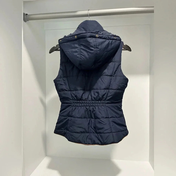 PRINCE & FOX navy puffer vest zip snaps removable fur trim hood pockets Small - Picture 8 of 11